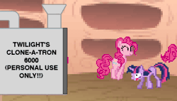Size: 383x218 | Tagged: animated, clones, cloning, derpibooru import, desktop ponies, hilarious in hindsight, hopping, machine, pinkie pie, pixel art, pronking, safe, sprite, this will end in tears, twilight sparkle, what has science done, xk-class end-of-the-world scenario