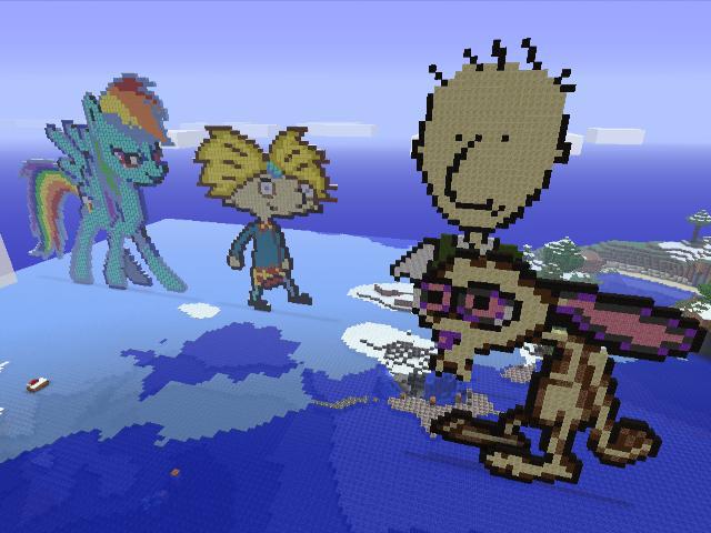 Size: 640x480 | Tagged: safe, artist:cyael, derpibooru import, rainbow dash, human, pegasus, pony, doug, female, game screencap, hey arnold, mare, minecraft, minecraft pixel art, pixel art, ren and stimpy