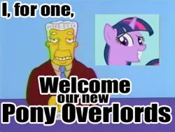 Size: 320x240 | Tagged: artifact, clothes, derpibooru import, edit, edited screencap, i for one welcome our new overlords, image macro, join the herd, kent brockman, meme, necktie, safe, screencap, smiling, suit, text, the simpsons, this will end in tears, twilight sparkle, welcome to the herd