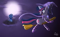 Size: 1920x1200 | Tagged: safe, artist:zelc-face, derpibooru import, trixie, twilight sparkle, pony, unicorn, accessory swap, angry, broom, cape, censored vulgarity, clothes, cloud, costume, duo, eyes closed, flying, flying broomstick, full moon, grawlixes, hat, moon, night, on a cloud, open mouth, smiling, socks, striped socks, the great and powerful, the great and powerful twilight, trixie's cape, trixie's hat, witch, yelling