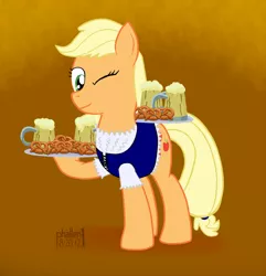 Size: 856x888 | Tagged: applejack, artist:phallen1, beer, clothes, derpibooru import, dirndl, dress, oktoberfest, pretzel, safe