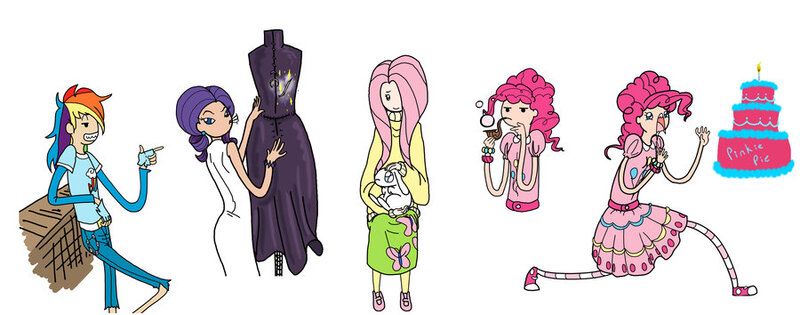 Size: 900x354 | Tagged: adventure time, artist:sydsydguv259, cake, clothes, derpibooru import, dress, fluttershy, humanized, mannequin, mmmystery on the friendship express, pinkie pie, rainbow dash, rarity, safe, sketch dump, skinny, skirt, style emulation, working