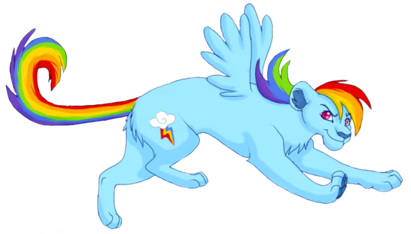 Size: 826x470 | Tagged: artist:kainaa, big cat, derpibooru import, lion, lionbow dash, lioness, lionified, rainbow dash, safe, simple background, solo, species swap, transparent background, wings