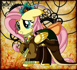 Size: 2000x1818 | Tagged: artist:0ravensrequiem0, clothes, dead source, derpibooru import, element of kindness, fluttershy, monocle, safe, solo, steampunk