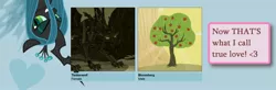 Size: 1852x605 | Tagged: safe, derpibooru import, bloomberg, queen chrysalis, timber wolf, apple tree, headcanon, meme, shipping, shipyard lulz, timberberg, tree