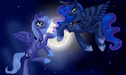 Size: 1000x600 | Tagged: artist:quennyqueen, derpibooru import, moon, princess luna, s1 luna, safe, self ponidox, the fun has been doubled