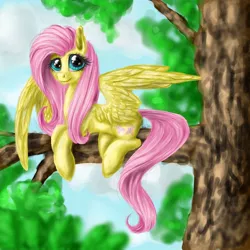 Size: 700x700 | Tagged: artist:quennyqueen, derpibooru import, fluttershy, safe, solo, tree