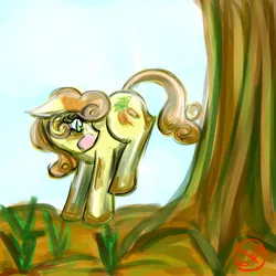 Size: 900x900 | Tagged: safe, artist:ryuredwings, derpibooru import, carrot top, golden harvest, earth pony, pony, applebucking, carrot bucking, solo, tree