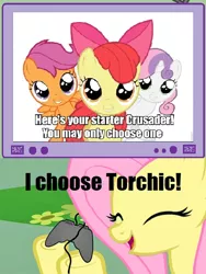 Size: 522x695 | Tagged: safe, derpibooru import, apple bloom, fluttershy, scootaloo, sweetie belle, pony, torchic, cutie mark crusaders, exploitable meme, gamershy, meme, pokémon, scootachicken, tv meme