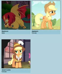 Size: 540x643 | Tagged: safe, derpibooru import, applejack, manny roar, smart cookie, manticore, pony, mannyjack, meme, shipping, shipyard lulz, vector