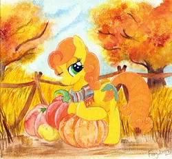 Size: 1346x1242 | Tagged: artist:foxxy-arts, carrot top, clothes, derpibooru import, golden harvest, pumpkin, safe, scarf, solo, traditional art, tree