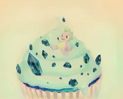 Size: 1500x1209 | Tagged: artist:sneeze-snicker, cupcake, derpibooru import, dragon, food, giant food, gradient background, micro, safe, sapphire, sapphire cupcake, sitting, solo, spike