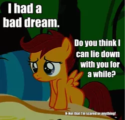 Size: 606x584 | Tagged: bed, bronybait, cute, cutealoo, derpibooru import, frown, image macro, leaning, sad, safe, scootaloo, solo