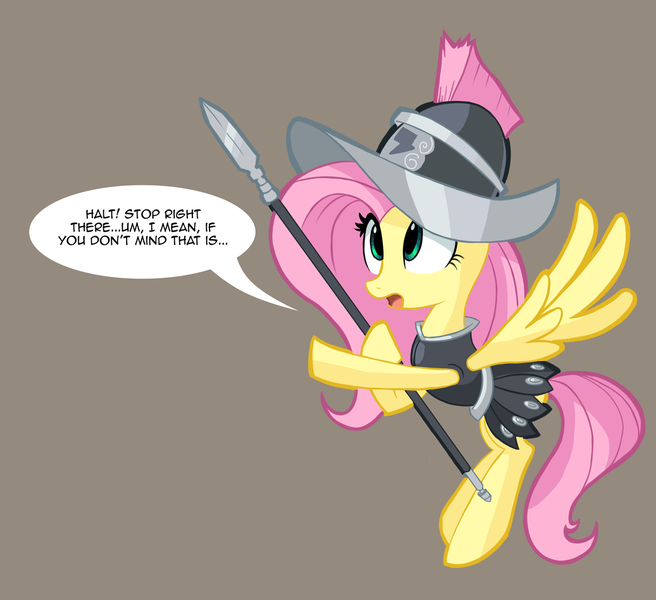 Size: 1149x1051 | Tagged: safe, artist:ric-m, derpibooru import, fluttershy, private pansy, pegasus, pony, hearth's warming eve (episode), clothes, dialogue, gray background, helmet, if that's okay with you, simple background, solo, spear, speech bubble