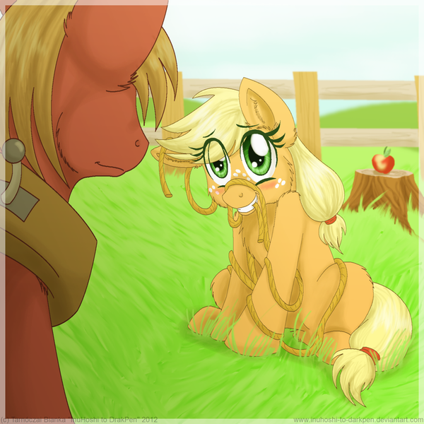 Size: 800x800 | Tagged: safe, artist:inuhoshi-to-darkpen, derpibooru import, applejack, big macintosh, pony, embarrassed, fluffy, grass, hatless, missing accessory, rope, who's a silly pony