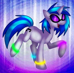 Size: 888x877 | Tagged: safe, artist:thepipefox, derpibooru import, vinyl scratch, pony, unicorn, glow, glowstick, solo