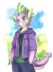 Size: 650x873 | Tagged: anthro, artist:ende26, clothes, derpibooru import, hoodie, older, older spike, safe, solo, spike