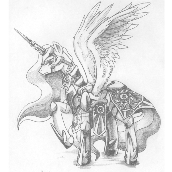 Size: 2480x2480 | Tagged: armor, artist:george5408, derpibooru import, high res, monochrome, pencil drawing, princess celestia, safe, sketch, solo, traditional art