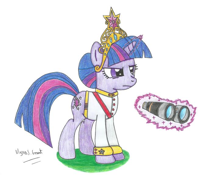 Size: 5323x4815 | Tagged: safe, artist:ulyssesgrant, derpibooru import, twilight sparkle, pony, unicorn, absurd resolution, army, big crown thingy, binoculars, clothes, element of magic, female, field marshal, magic, magic aura, mare, simple background, telekinesis, traditional art, unicorn twilight, uniform, war, white background