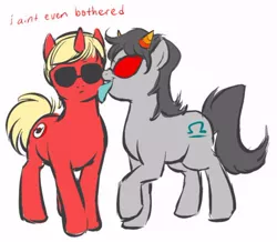 Size: 500x435 | Tagged: artist needed, safe, derpibooru import, ponified, bicorn, pony, unicorn, colored tongue, dave strider, duo, female, homestuck, licking, male, mare, simple background, stallion, sunglasses, terezi pyrope, tongue out, white background