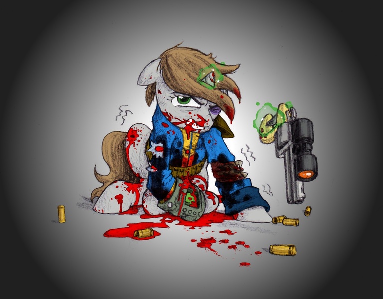 Size: 1936x1512 | Tagged: grimdark, artist:wisdom-thumbs, derpibooru import, oc, oc:littlepip, unofficial characters only, pony, unicorn, fallout equestria, fanfic, blood, blood on face, blood on the floor, bullet hole, clothes, fanfic art, female, floppy ears, glowing horn, gradient background, gritted teeth, gun, handgun, hooves, horn, levitation, little macintosh, magic, mare, optical sight, pipbuck, revolver, sitting, solo, teeth, telekinesis, vault suit, weapon