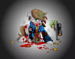 Size: 1936x1512 | Tagged: grimdark, artist:wisdom-thumbs, derpibooru import, oc, oc:littlepip, unofficial characters only, pony, unicorn, fallout equestria, fanfic, blood, blood on face, blood on the floor, bullet hole, clothes, fanfic art, female, floppy ears, glowing horn, gradient background, gritted teeth, gun, handgun, hooves, horn, levitation, little macintosh, magic, mare, optical sight, pipbuck, revolver, sitting, solo, teeth, telekinesis, vault suit, weapon