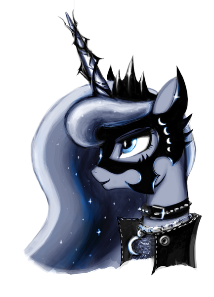 Size: 600x832 | Tagged: artist:dobromyslov, collar, derpibooru import, mask, princess luna, safe, simple background, solo