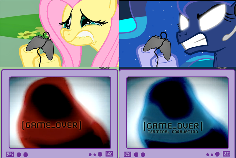 Size: 1116x746 | Tagged: safe, derpibooru import, fluttershy, princess luna, alicorn, pegasus, pony, gamer luna, angry, controller, crying, exploitable meme, female, game over, gamershy, gritted teeth, lip bite, mare, meme, metroid, metroid prime 3: corruption, sad, tv meme