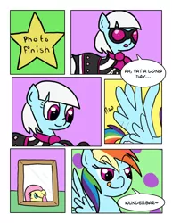 Size: 816x1056 | Tagged: safe, artist:dustyranger, derpibooru import, fluttershy, photo finish, rainbow dash, pegasus, pony, bedroom eyes, comic, disguise, double life, flapping, licking lips, smiling, tongue out