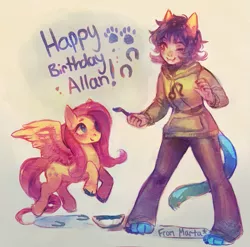 Size: 745x737 | Tagged: safe, artist:laz, derpibooru import, fluttershy, pegasus, pony, allan, birthday, duo, female, gray background, homestuck, leo, mare, marta, nepeta leijon, painting, rogue of heart, simple background, traditional art, troll, troll (homestuck)