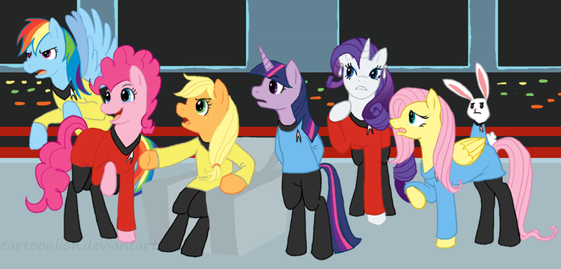 Size: 900x432 | Tagged: angel bunny, applejack, artist:cartoonlion, clothes, derpibooru import, fluttershy, mane six, pinkie pie, rainbow dash, rarity, safe, star trek, star trek (tos), twilight sparkle, uniform