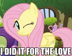 Size: 599x466 | Tagged: caption, derpibooru import, fluttershy, image macro, ponibooru import, rarity, safe, screencap, stare master, wink