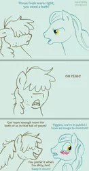 Size: 400x762 | Tagged: safe, artist:haretrinity, derpibooru import, squeaky clean, earth pony, pony, blushing, dialogue, embarrassed, eye contact, floppy ears, freckles, frown, gay, glare, gray background, grin, hair over eyes, hidden eyes, looking at each other, male, open mouth, pigpen, shipping, simple background, smiling, squeakypen, squee, stallion, text, underhoof, wide eyes