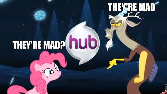 Size: 640x360 | Tagged: caption, derpibooru import, discord, hubble, hub logo, pinkie pie, roflbot, safe, the hub