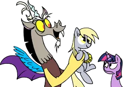 Size: 1789x1257 | Tagged: safe, artist:strangiesleepy, derpibooru import, derpy hooves, discord, twilight sparkle, pegasus, pony, amazing horse, female, mare, twilight is not amused, unamused