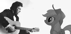 Size: 680x329 | Tagged: safe, derpibooru import, applejack, human, pony, black and white, grayscale, irl, johnny cash, meet up, photo, ponies in real life, singing, vector