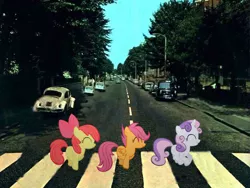 Size: 680x510 | Tagged: safe, derpibooru import, apple bloom, scootaloo, sweetie belle, pony, abbey road, album cover, cutie mark crusaders, irl, parody, photo, ponies in real life, skipping, the beatles, vector