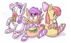 Size: 929x564 | Tagged: safe, artist:secretgoombaman12345, derpibooru import, apple bloom, scootaloo, sweetie belle, apple blob, burger, clothes, fat, feedee belle, french fries, gentlecolts, image, mcdonald's, png, ponies eating meat, scootalard, socks, soda, striped socks, sweetie belly, weight gain