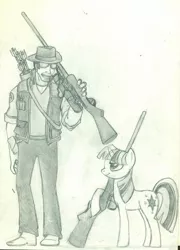 Size: 1155x1605 | Tagged: safe, artist:lostwolfen, derpibooru import, twilight sparkle, human, pony, unicorn, crossover, cutie mark, female, gun, hat, hooves, horn, mare, monochrome, optical sight, rifle, simple background, sniper, sniper rifle, sunglasses, team fortress 2, teeth, weapon