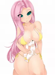 Size: 870x1170 | Tagged: adorasexy, angel bunny, artist:rabioque, artist:spicy, big breasts, bikini, blushing, boobhat, breasts, busty fluttershy, clothes, colored pupils, curvy, cute, dead source, derpibooru import, eyebrows visible through hair, eye clipping through hair, female, fluttershy, human, humanized, no more ponies at source, pixiv, sexy, solo, solo female, suggestive, swimsuit, wide hips