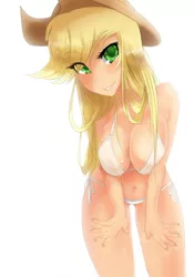 Size: 600x859 | Tagged: adorasexy, applebucking thighs, applejack, artist:rabioque, artist:spicy, belly button, bent over, bikini, blushing, breasts, breast squeeze, busty applejack, clothes, colored pupils, curvy, cute, derpibooru import, eyebrows visible through hair, eye clipping through hair, female, human, humanized, looking at you, no more ponies at source, sexy, simple background, solo, solo female, suggestive, swimsuit