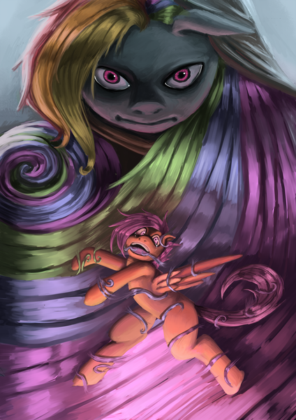 Size: 1446x2046 | Tagged: artist:kyuubi-fox-demon, derpibooru import, fanfic, fanfic:rainbow factory, grimdark, rainbow dash, scootaloo