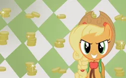 Size: 1680x1050 | Tagged: applejack, bits, clothes, coin, derpibooru import, dress, gala dress, grin, looking at you, money, safe, screencap, solo, the best night ever