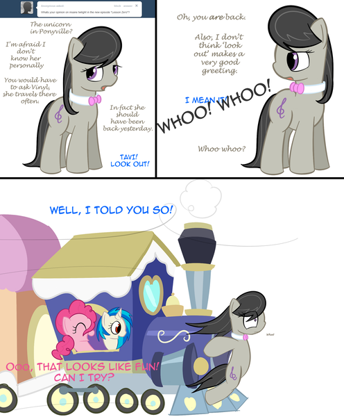 Size: 1775x2146 | Tagged: safe, artist:erthilo, derpibooru import, octavia melody, pinkie pie, vinyl scratch, earth pony, pony, unicorn, ask octavia, ask, comic, female, friendship express, locomotive, mare, surprised, train, tumblr