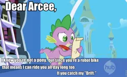 Size: 952x575 | Tagged: suggestive, derpibooru import, edit, edited screencap, screencap, dragon, friendship is magic, arcee, caption, hub logo, image macro, letter, male, quill, roflbot, spike's love letters, tongue out, transformers