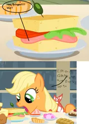 Size: 589x819 | Tagged: a bird in the hoof, applejack, comic, cropped, derpibooru import, edit, edited screencap, hatless, meat, missing accessory, ms paint, omnivore, open mouth, ponies eating meat, safe, screencap, screencap comic, solo