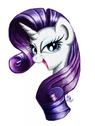 Size: 3065x4058 | Tagged: safe, artist:judymurphy, derpibooru import, rarity, pony, unicorn, bust, female, lidded eyes, mare, open mouth, signature, simple background, smiling, solo, white background