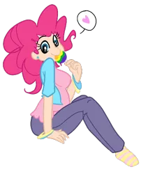 Size: 442x522 | Tagged: artist:elslowmo, artist:jessy, clothes, colored, derpibooru import, food, heart, humanized, lollipop, missing shoes, pinkie pie, safe, socks, solo, striped socks