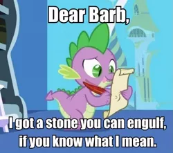 Size: 436x386 | Tagged: suggestive, derpibooru import, edit, edited screencap, screencap, spike, dragon, friendship is magic, barb, caption, female, image macro, letter, male, quill, selfcest, shipping, spike's love letters, spikebarb, straight, tongue out