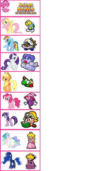 Size: 966x1467 | Tagged: applejack, baby yoshi, bobbery, bob-omb, book, comparison, comparison chart, derpibooru import, flurrie, fluttershy, goomba, goombella, koopa troopa, koops, meta, paper mario, paper mario: the thousand year door, pinkie pie, princess celestia, princess luna, princess peach, rainbow dash, rarity, safe, shadow peach, shadow queen, shadow siren, super mario bros., twilight sparkle, vivian, yoshi